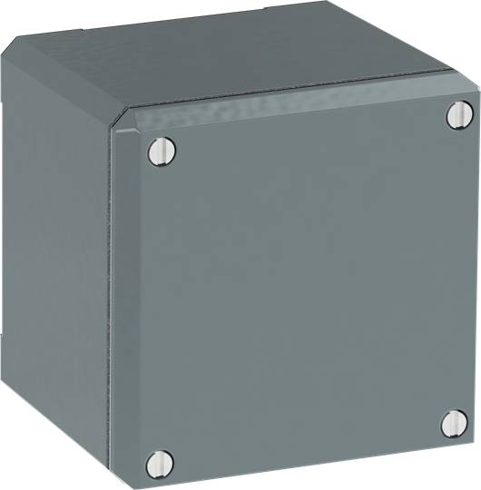 Metallischer, grauer Kasten mit Schrauben an den vier Ecken der Vorderseite.