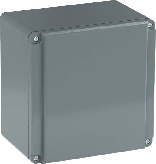 Ein rechteckiger, grauer Metallkasten mit abgerundeten Ecken und vier sichtbaren Schrauben an den vorderen Ecken.