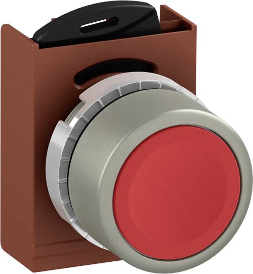 Ein roter Not-Aus-Schalter in einer braunen Halterung. Der Schalter hat eine runde, graue Basis und einen schwarzen Verriegelungsmechanismus.
