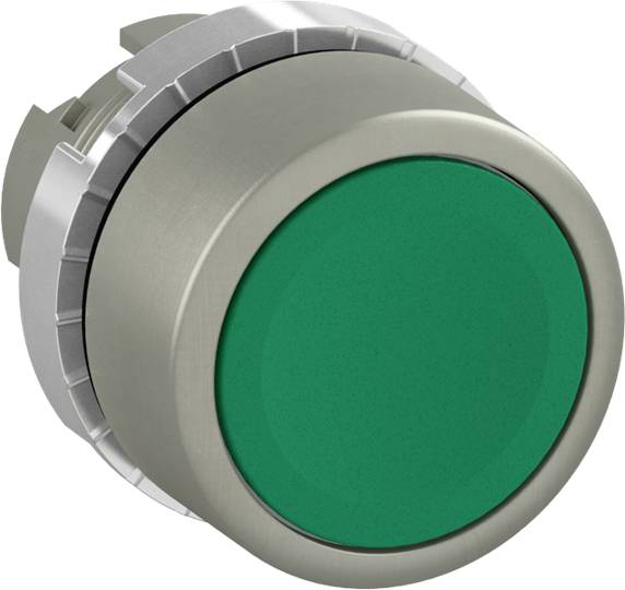 Ein großer, grüner Druckknopf aus Metall, geeignet für industrielle Anwendungen oder Maschinensteuerungen.