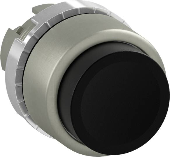 Ein silberner und schwarzer Knopf oder Schalter, vermutlich aus Metall und Kunststoff, möglicherweise Teil eines elektronischen Geräts.