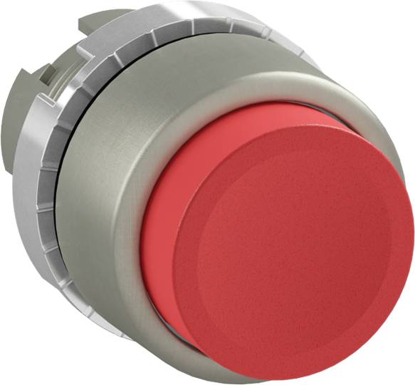 Roter Not-Aus-Taster, rund, mit metallischer Fassung, verwendet zur schnellen Unterbrechung von Maschinen oder elektrischen Geräten.