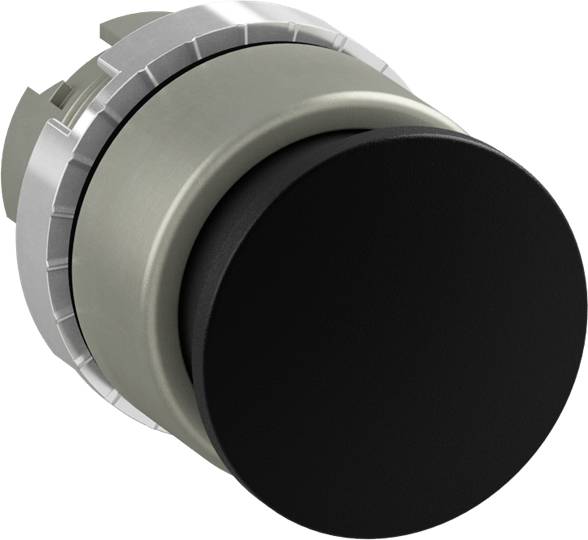 Runder, schwarzer Drucktaster in einem silbernen Gehäuse, vermutlich für den Einsatz in industriellen oder elektronischen Geräten vorgesehen.