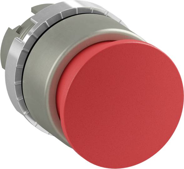 Ein großer roter Not-Aus-Knopf, umgeben von einem silbernen Metallrahmen.