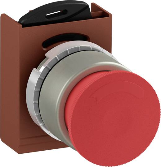 Roter Not-Aus-Schalter mit grauem Sockel in seitlicher Ansicht, verwendet zur Unterbrechung von Maschinen zur Sicherheitsabschaltung.