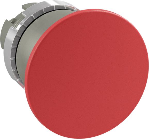 Ein großer roter Not-Aus-Schalter in Nahaufnahme, rund und hervorstehend, ohne weitere Beschriftungen oder Symbole.