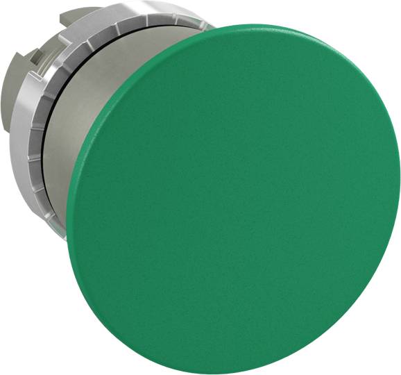 Großer grüner Knopf an einem metallischen Gehäuse, häufig für Start- oder Aktivierungsfunktionen in Maschinensteuerungen verwendet.