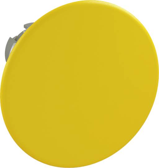 Gelber, runder Knopf auf weißem Hintergrund.