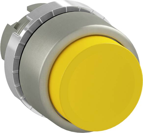 Gelber Not-Aus-Taster auf silbernem Gehäuse, häufig verwendet zur schnellen Abschaltung von Maschinen in Notfällen.