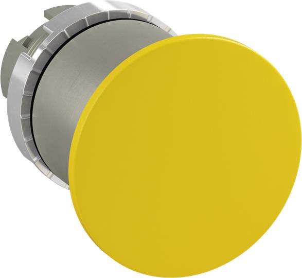 Gelber Not-Aus Knopf in Nahaufnahme, mit metallischer Fassung. Hauptsächlich zur Sicherheit in industriellen Maschinensteuerungen verwendet.