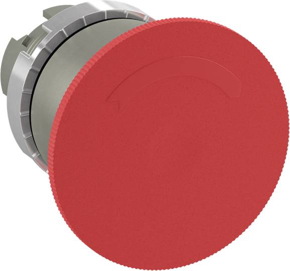 Roter Notaus-Knopf, der mit einer leichten Drehung aktiviert wird; Sicherheitselement in Maschinen zur sofortigen Abschaltung.