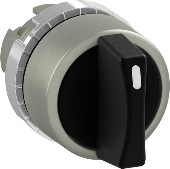 Ein schwarz-silberner Drehknopf mit einer weißen Markierung, verwendet zur Steuerung oder Einstellung eines Gerätes.