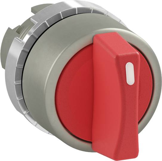 Roter Schalthebel in Neutralposition. Der Hebel ist Teil eines größeren mechanischen Geräts, vermutlich für industrielle Anwendungen.