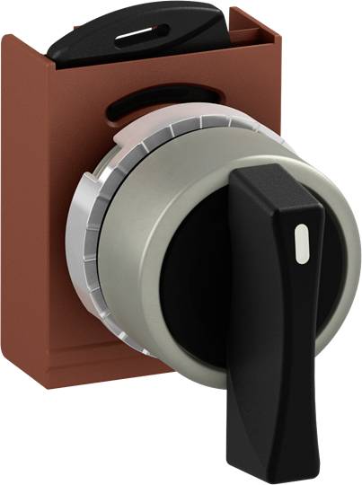 Ein elektrischer Schalter mit einem robusten, metallischen Drehknopf, eingebaut in eine rote Halterung, geeignet für industrielle Anwendungen.