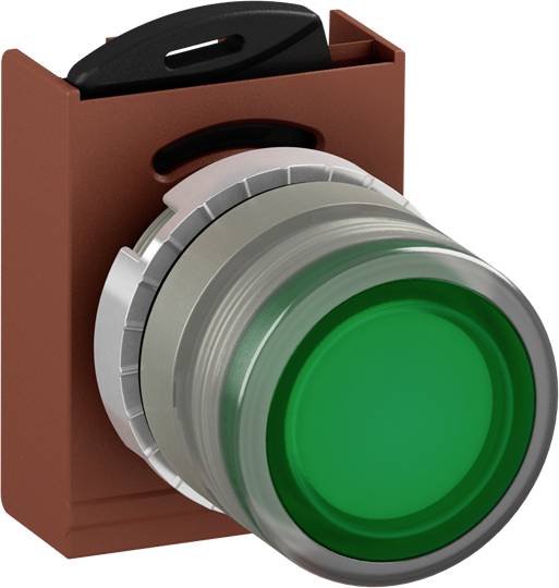 Ein grüner Druckknopf auf einem rotbraunen Montageelement, wahrscheinlich Teil eines Schalttableaus oder einer Maschine.