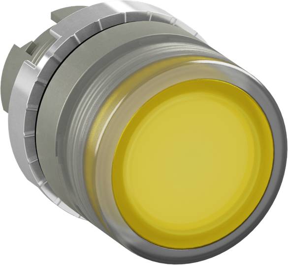 Ein gelber, runder Druckknopf mit grauem Gehäuse, häufig verwendet in elektrischen Steuerungspaneelen zur Bedienung von Maschinen.