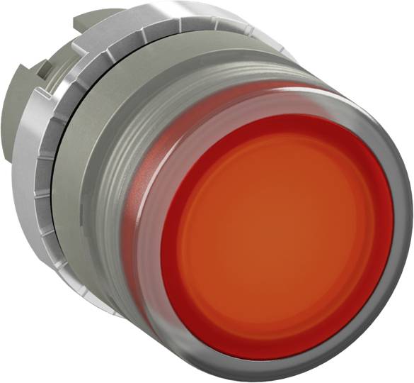 Grauer metallischer Knopf mit roter Kappe. Wird häufig als Not-Aus-Knopf verwendet.