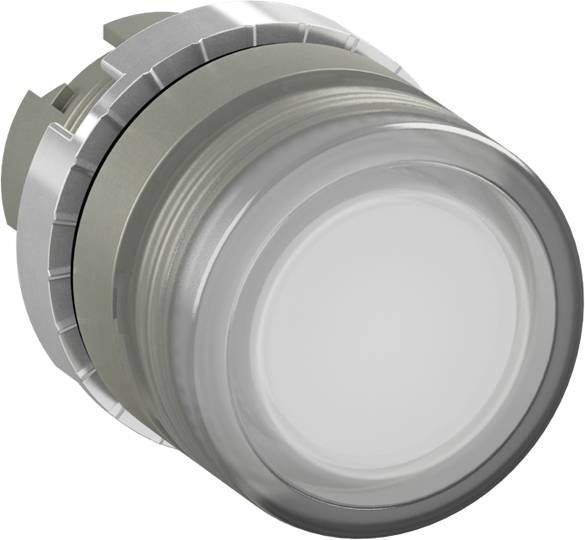 Ein runder, transparenter Druckknopf in Metallfassung, oft als industrielle Bedienelement verwendet.