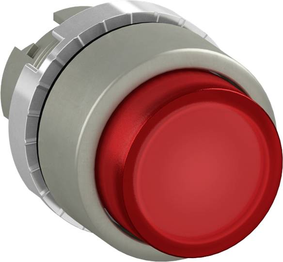 Roter Knopf eines Not-Aus-Schalters, verwendet zur Unterbrechung von Maschinen oder Anlagen in Notfällen.