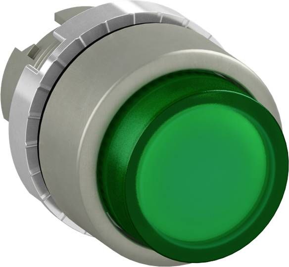Ein runder, grüner Druckknopf in einem silbernen Gehäuse, verwendet zur Maschinensteuerung oder als Signalgeber.
