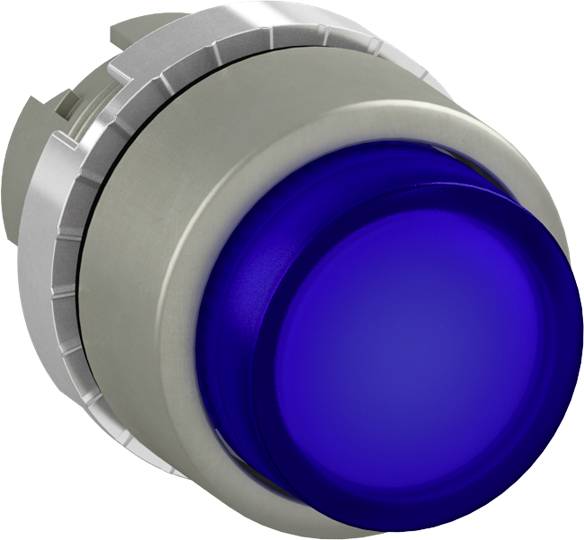 Ein blauer Druckknopf mit einem silbernen Rahmen. Häufig verwendet in industriellen Steuerungs- oder Bedienpulten.