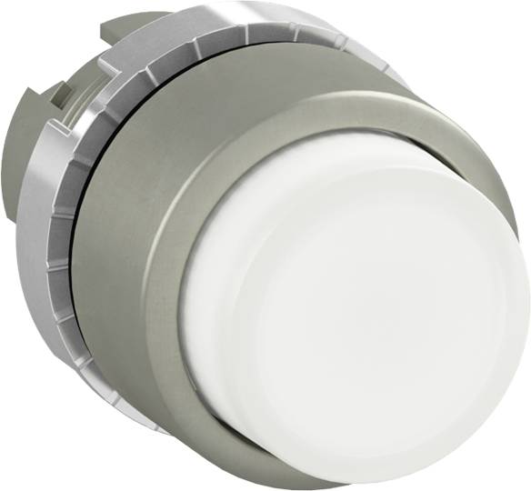 Ein großer, runder, weißer Druckknopf in einem metallischen Gehäuse, möglicherweise Teil eines industriellen Bedienelements.