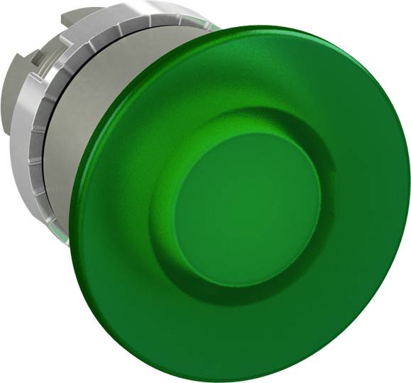 Grüner runder Druckknopf mit Metallfassung, typisches Bauteil in Industrieanlagen für Steuerungszwecke.