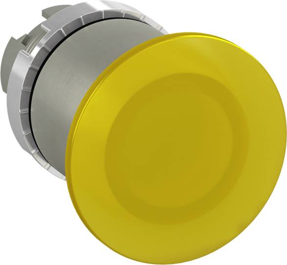 Großer gelber Not-Aus-Knopf, Metallbasis, verwendet für Maschinen zur Sicherheitsabschaltung bei Gefahr.