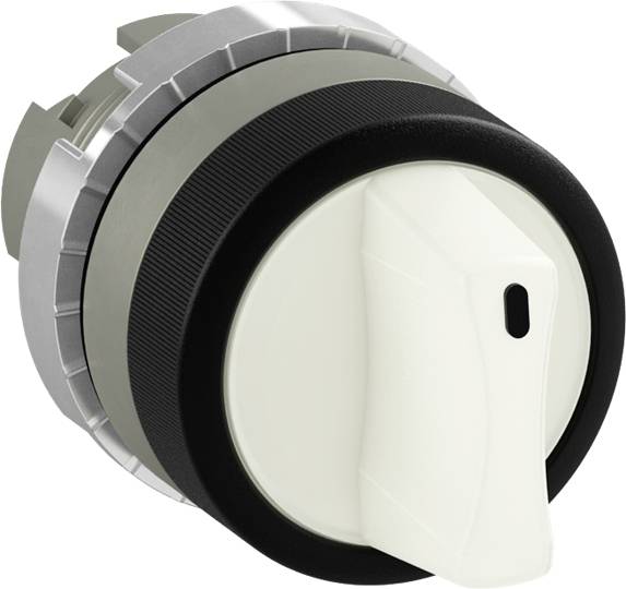 Ein großer weißer Drehschalter mit schwarzem Griff und silbernem Rand, offensichtlich Teil eines elektrischen Geräts zur Steuerung.