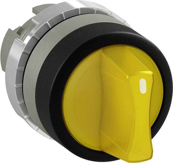 Ein gelber, drehbarer Schalter mit Pfeilmarkierung, eingerahmt von einem silbernen Gehäuse.