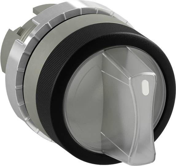 Ein runder Drehknopf mit schwarzem Gummi-Griff und silbernem Metallrand, möglicherweise für ein elektrisches Gerät oder eine Maschine.