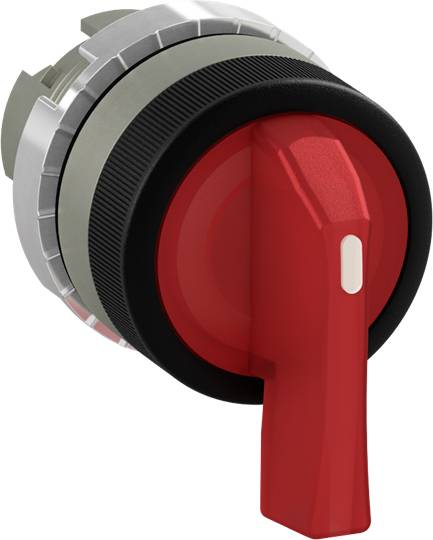 Roter Drehschalter mit schwarzem Rand auf einem silbernen Gehäuse, zur Steuerung von Maschinen oder elektronischen Geräten.