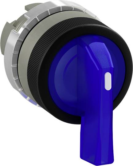 Ein blauer, runder Hebel mit einem silbernen Metallgehäuse und schwarzen Gummielementen, vermutlich ein Teil eines technischen Geräts.