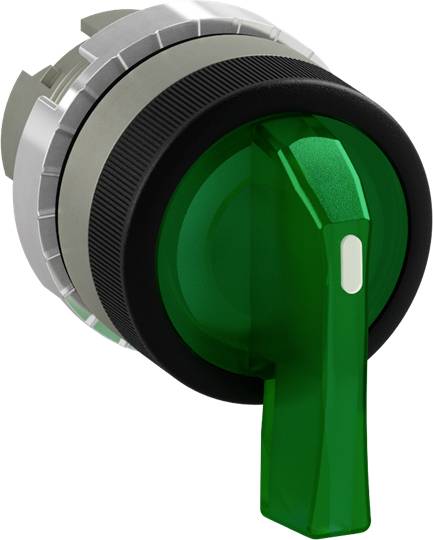 Ein grüner Hebel an einem metallischen Drehschalter. Der Hebel scheint in eine bestimmte Position eingerastet zu sein.