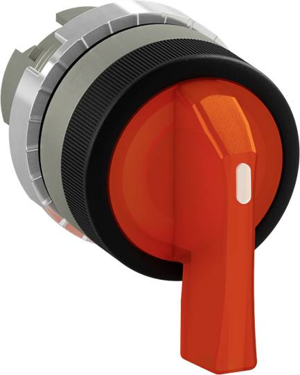Schalter mit rotem Hebel in seitlicher Ansicht. Der Schalter hat metallische und schwarze Elemente.