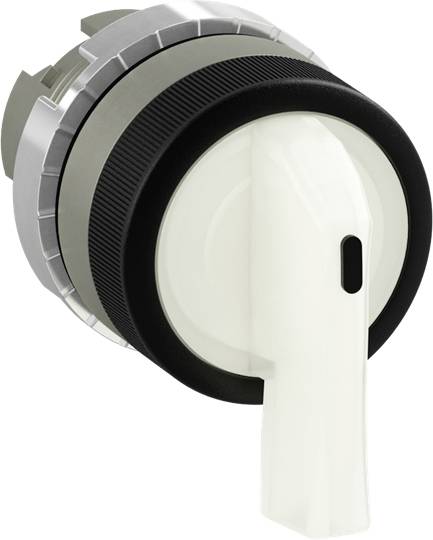 Ein verchromter Wasserhahn mit schwarzem Griff und weißem Hebel, in geschlossener Position.