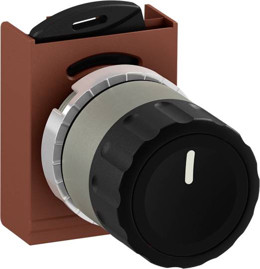 Drehschalter an einer roten Halterung, schwarzer Knopf mit weißer Markierung für Positionierung, geeignet für Schalttafeln.