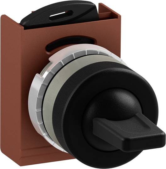Ein roter, eckiger Mechanismus mit einem schwarzen drehbaren Griff. Verpackung zur elektronischen Schaltung oder mechanischen Steuerung.