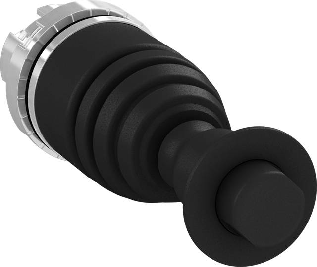 Schwarzer Joystick mit gerilltem Griff und silbernem Ring an der Basis, verwendet zur Steuerung von Maschinen oder Geräten.