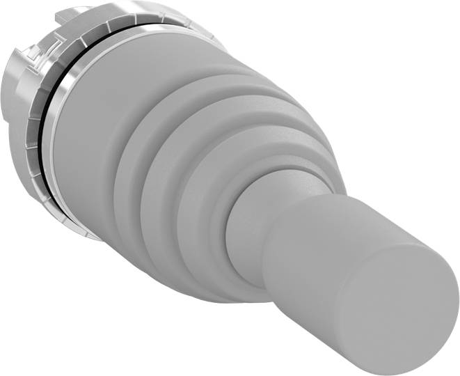 Grauer Joystick-Griff mit geriffelter Oberfläche und Metallring an der Basis, Darstellung eines Steuerelements für Maschinen.