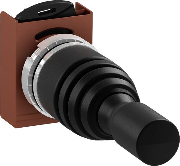 Ein schwarzer, robuster Joystick mit rotem Sockel, axial montiert. Mögliche Nutzung in industriellen Steuerungssystemen.