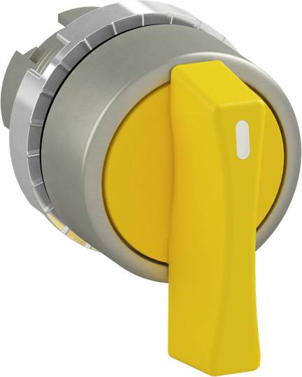 Gelbe Drehschalter aus Metall, geeignet für industrielle Anwendungen. Silberne Basis, gelber Griff, möglicherweise für Maschinensteuerung.