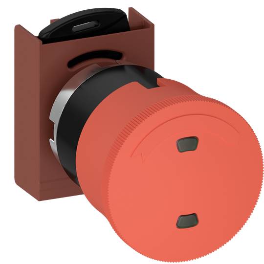 Ein roter Not-Aus-Schalter in einem Gehäuse.