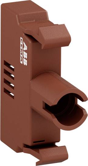 Brauner elektrischer Halter von ABB Ema, geeignet für die Fixierung von Stromschienen-Komponenten in Schaltschrank-Systemen.