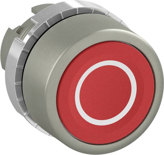 Ein großer roter Not-Aus-Schalter in gedrücktem Zustand, der in Maschinen zur Sicherheitsabschaltung verwendet wird.