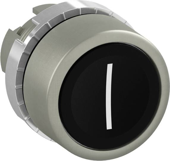 Ein runder, metallischer Drehschalter mit schwarzer Front und weißem senkrechtem Strich, der die Position 'Ein' anzeigt.