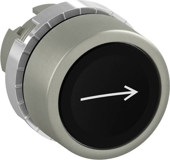 Drehknopf aus Metall mit schwarzer Vorderseite und weißem Pfeil, der nach rechts zeigt.