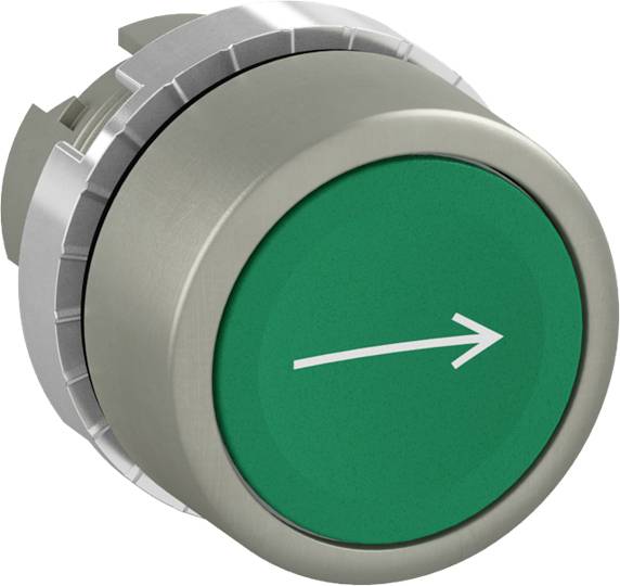 Ein grüner Druckknopf mit einem weißen Pfeil nach rechts; vermutlich ein Bedienelement an einem Gerät oder einer Maschine.