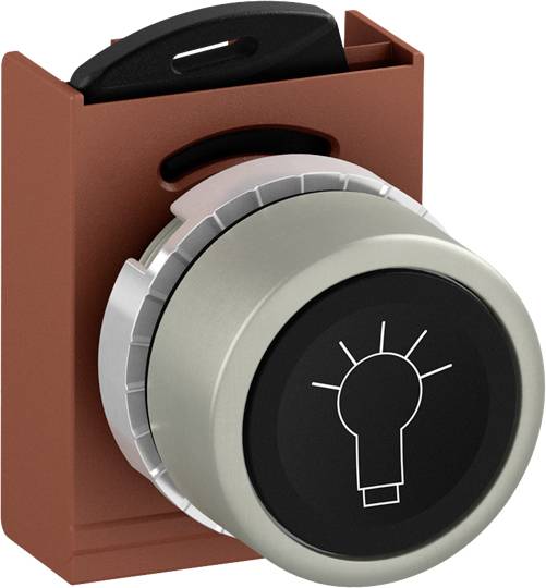 Drehschalter mit Glühbirnensymbol auf schwarzem Hintergrund. Roter Rahmen und schwarzes Drehelement oben.