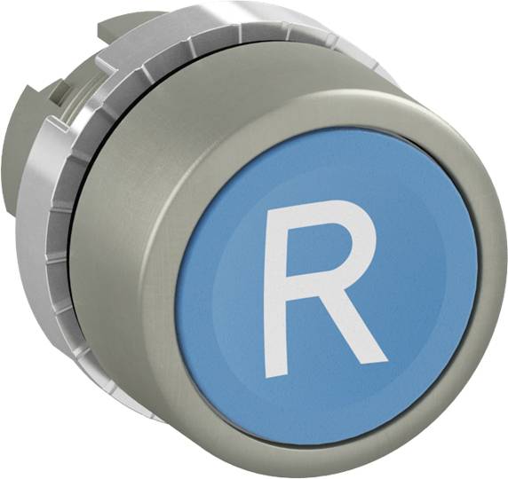 Ein metallischer Knopf mit einem blauen Kreis und dem weißen Buchstaben 'R' darauf.
